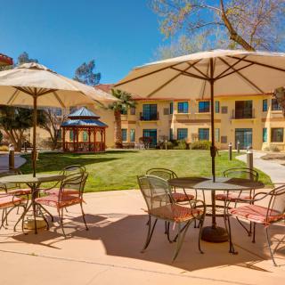 A sunny outdoor patio with tables and umbrellas overlooking a landscaped garden.