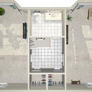 An architectural floor plan showing the layout of an apartment with detailed rooms and furniture placement.