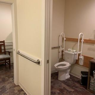 An accessible bathroom with handrails and a view of the open doorway.