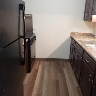 A compact kitchen featuring modern appliances and wooden flooring.
