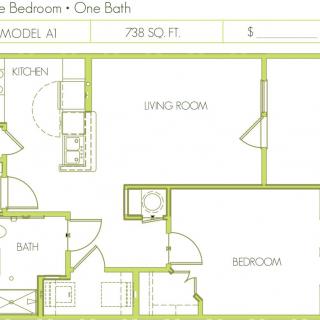 Floor plan of a one-bedroom, one-bathroom apartment model.