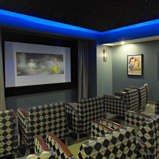 A stylish home theater with patterned seating and ambient lighting.