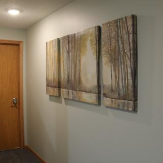 A hallway featuring a triptych of abstract tree paintings mounted on the wall.