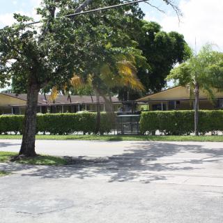 A view of a building behind a hedge with trees lining the road.