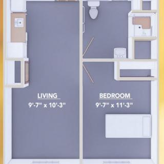 A simple floor plan featuring a living room and bedroom with measurements.