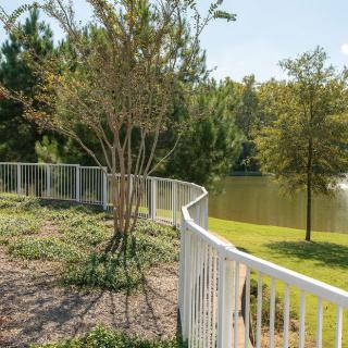 A scenic view of a lake surrounded by trees and a winding white fence.