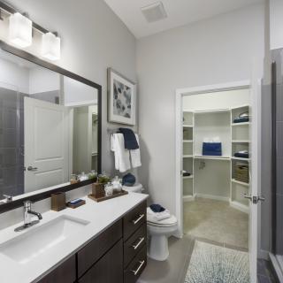A modern bathroom with a large mirror, countertop sink, and neatly organized shelves in the background.