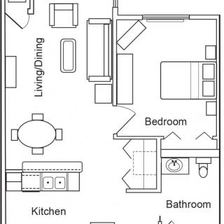 This image shows a floor plan of a one-bedroom apartment, featuring a living and dining area, kitchen, bathroom, and bedroom.