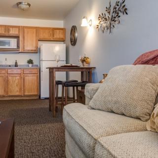 A cozy living space featuring a sofa and a kitchen area with wooden cabinets.