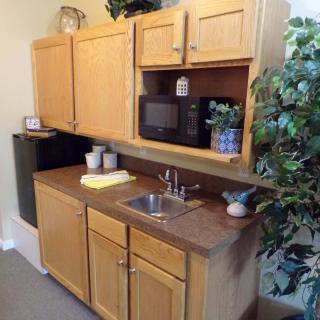 A compact kitchenette area with wooden cabinets, a microwave, and a small sink, complemented by a potted plant.