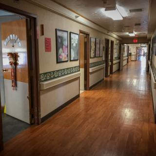 A well-lit hallway with wooden flooring and decorated walls.
