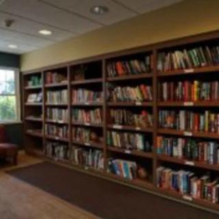 A cozy library corner with bookshelves filled with a variety of books.