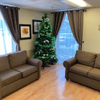 A cozy living room setup featuring two sofas and a decorated Christmas tree.