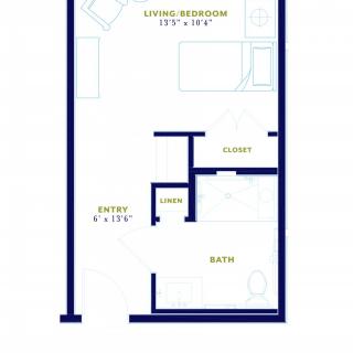 Floor plan of a studio apartment with kitchen, living/sleeping area, bath, and closet.