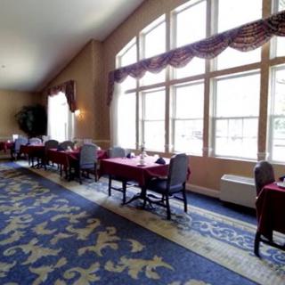 A well-lit dining area with tables and chairs arranged along large windows, featuring a patterned carpet.