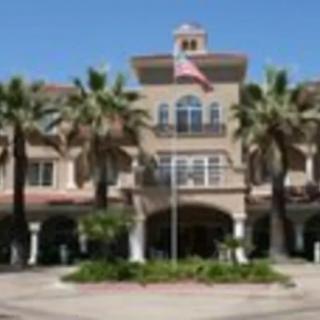 A building with palm trees and a flag in front, set against a clear blue sky.
