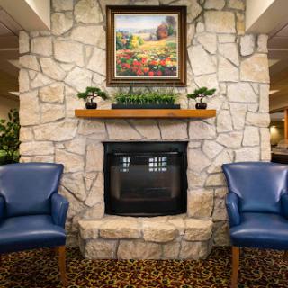 A cozy living room featuring a stone fireplace, blue chairs, and decorative plants.