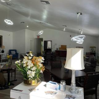 A sunlit interior with various furniture and decorative items, including a lamp and flowers.