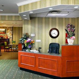 A welcoming reception area with a wooden desk, floral arrangements, and a wall clock.