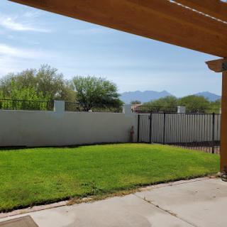 A serene backyard view with lush green grass and distant mountains under a clear blue sky.