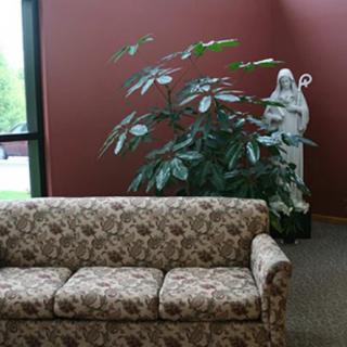 A patterned couch in a room with a large plant and a statue in the background.