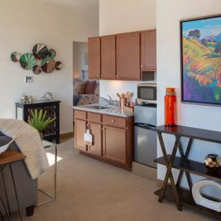 A cozy studio apartment featuring a kitchenette, modern decor, and colorful artwork.