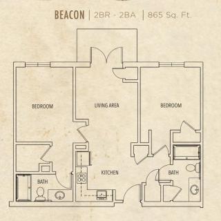 A detailed floor plan of a two-bedroom apartment with designated areas for the living room, kitchen, and bathrooms.