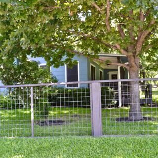 A cozy house surrounded by lush green trees and a neat metal fence.