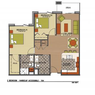 A floor plan of a two-bedroom apartment featuring a kitchen, living room, and bathroom.