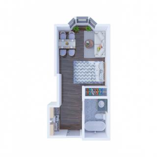 A floor plan of a one-bedroom apartment with a living area, bathroom, and bedroom.