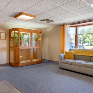 A cozy living room with a comfortable sofa and a display cabinet, illuminated by natural light from the window.