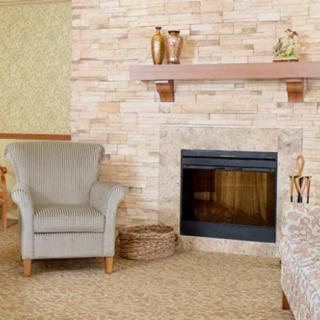 A cozy living room with a brick fireplace, armchair, and decorative shelf.