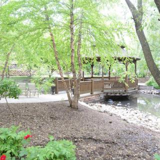 A serene woodland scene featuring a gazebo by the pond surrounded by lush trees.