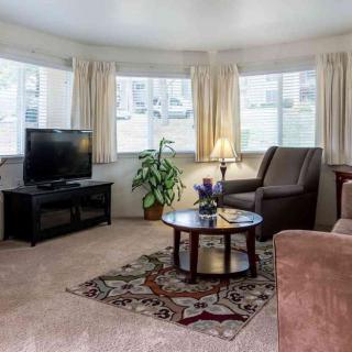 A cozy living room with a sofa, armchair, coffee table, and television.