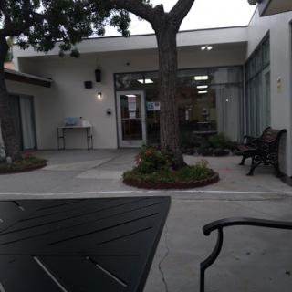 A serene outdoor area featuring benches and greenery in front of a modern building.