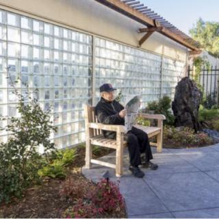 A person sitting on a bench in a garden, reading a newspaper.