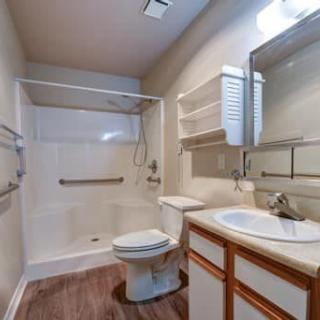 A spacious bathroom with a sink, toilet, and shower equipped with grab bars for accessibility.
