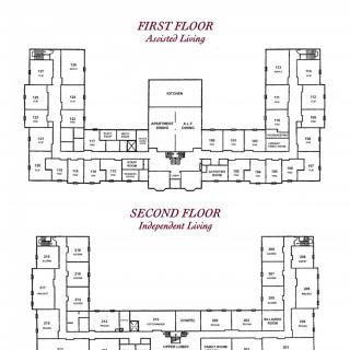 Floor plans showing the layout for first and second floors, indicating assisted and independent living arrangements.