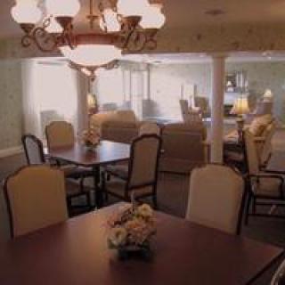 Elegant dining area with cozy seating and ambient lighting.