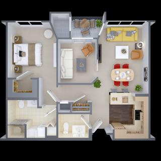 A detailed floor plan of a two-bedroom apartment featuring a living room, kitchen, dining area, and bathroom.