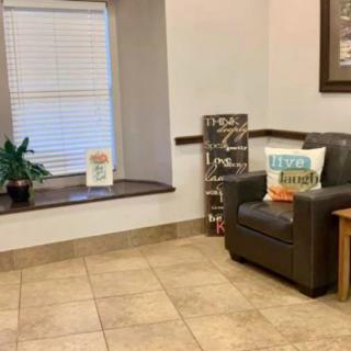 A cozy waiting room with an armchair, decorative pillows, and a potted plant by the window.