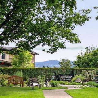 A tranquil garden with a bench, surrounded by lush greenery and trees, with a house and mountains in the background.