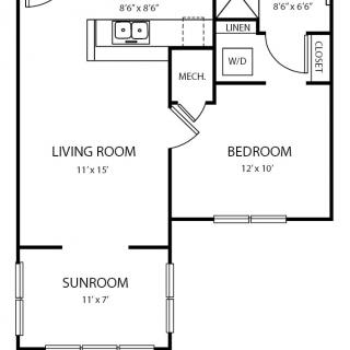 A floor plan of a one-bedroom apartment featuring a living room, sunroom, kitchen, and bathroom.