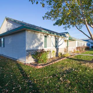 A charming residential house bathed in sunlight, surrounded by a well-maintained lawn and trees.
