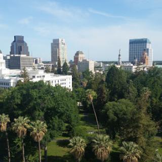 A panoramic view of Sacramento showcasing a blend of urban architecture and lush greenery.