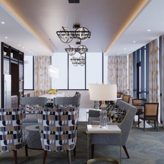 A modern living and dining space with stylish furniture and elegant lighting.