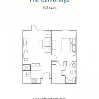 A floor plan of 'The Cambridge' apartment, measuring 505 sq. ft.