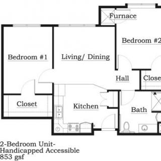 A floor plan of a handicapped accessible 2-bedroom apartment layout.