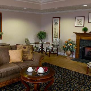 A cozy living room with a sofa, coffee table, and fireplace, accented by plants and wall art.