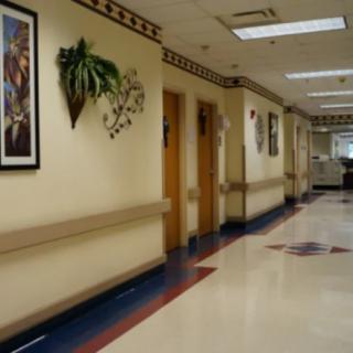 A quiet hospital hallway with artwork on the walls.